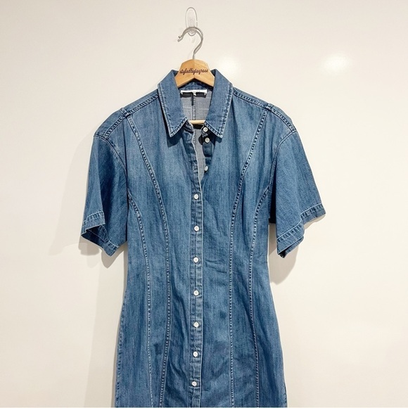 Frame Seam Detail Denim Mini Dress in Shoreline Wash - Picture 6 of 14